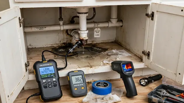 Leak detection meters and thermal camera set up next to a leaking sink drain