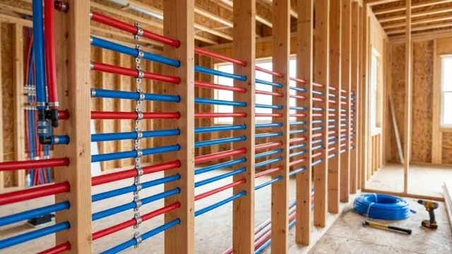 New PEX pipes with red and blue lines run through wall framing during a whole-house repipe
