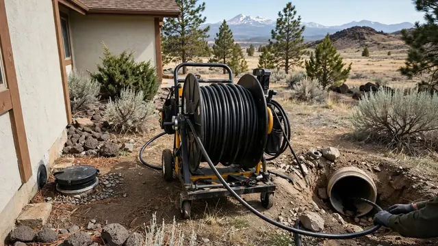 Sewer line repair equipment and open excavation at a home with mountains in the background