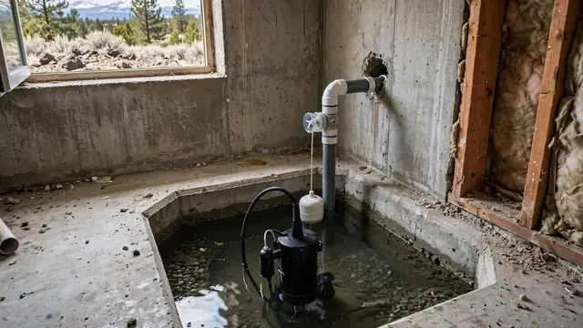 Sump pump installed in a basement pit with discharge pipe