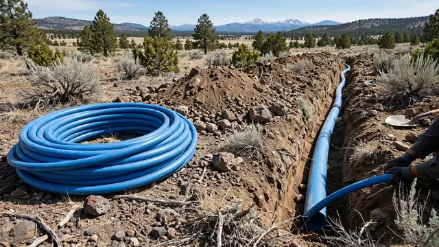 Open trench with blue water service line being replaced